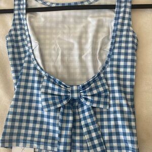 Blue and White Gingham Tie Front Crop Top